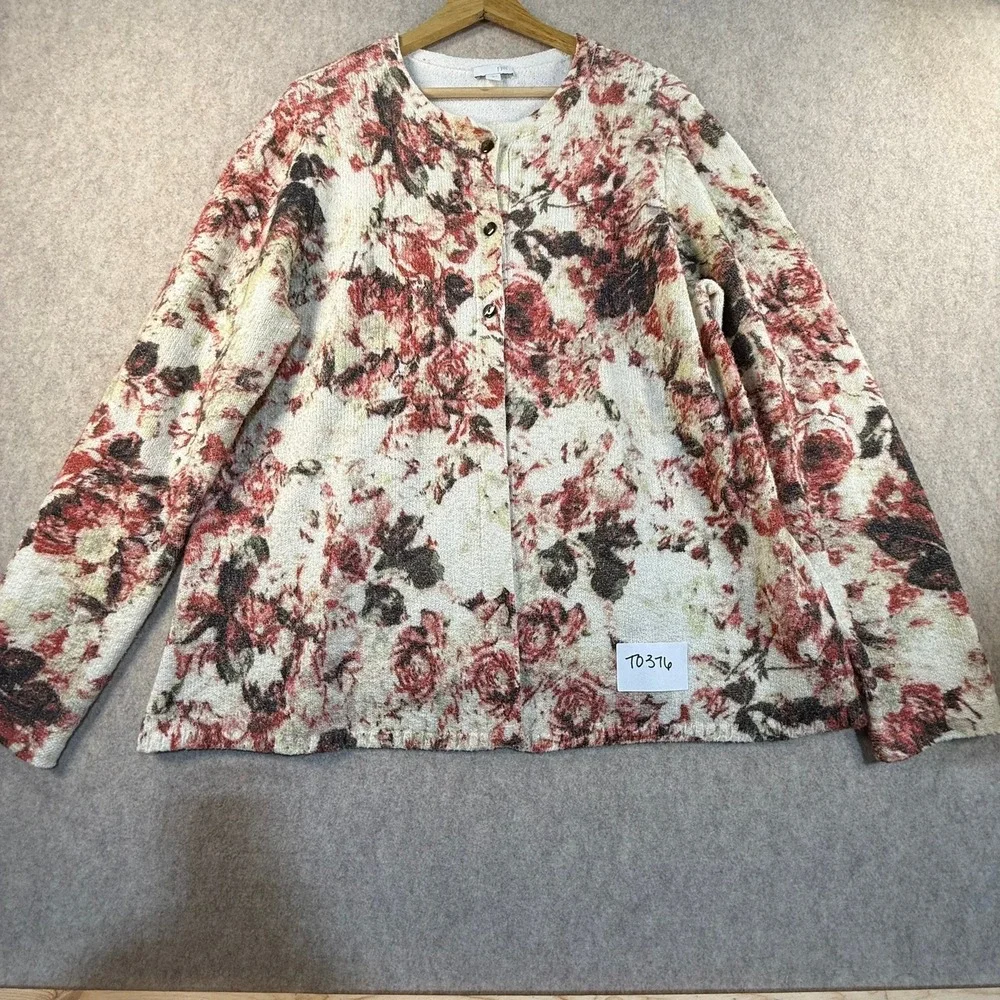 J. Jill Womens Floral Cardigan Sweater Red Cream Button Front Knit Size L